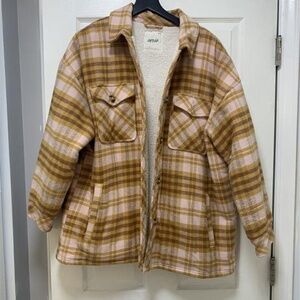 Aerie Flannel Sherpa Lined Jacket - Pink/Tan XL